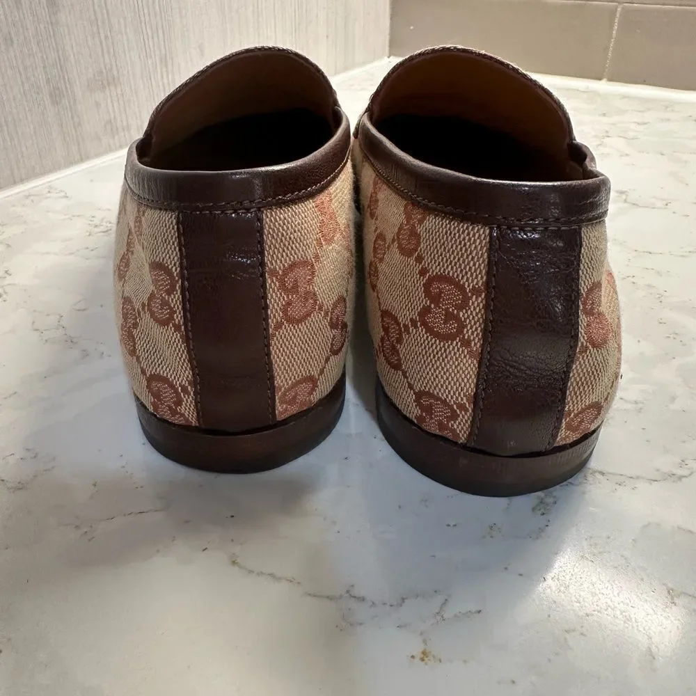 Gucci Jordaan Horsebit Flat Loafer Size 6 GG Monogram Canvas Beige Rust - Picture 5 of 6